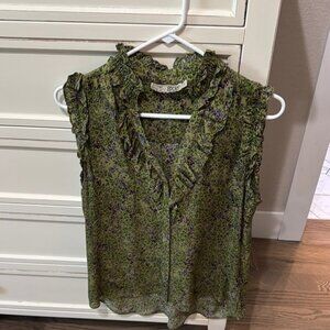 GO BY GO SILK Green Brown Ruffled Sleeveless Blouse